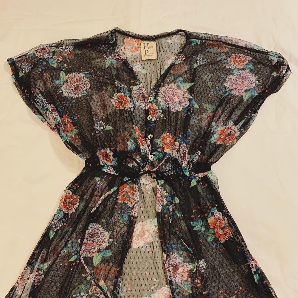 Black Sheer Floral Midi Length Swimsuit Coverup
